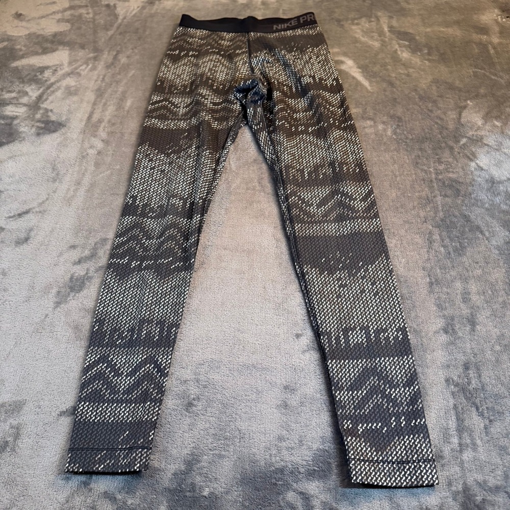 Nike Pro Dri Fit Womens Leggings Size Small Black Gray Geometric Athletic 22x28"